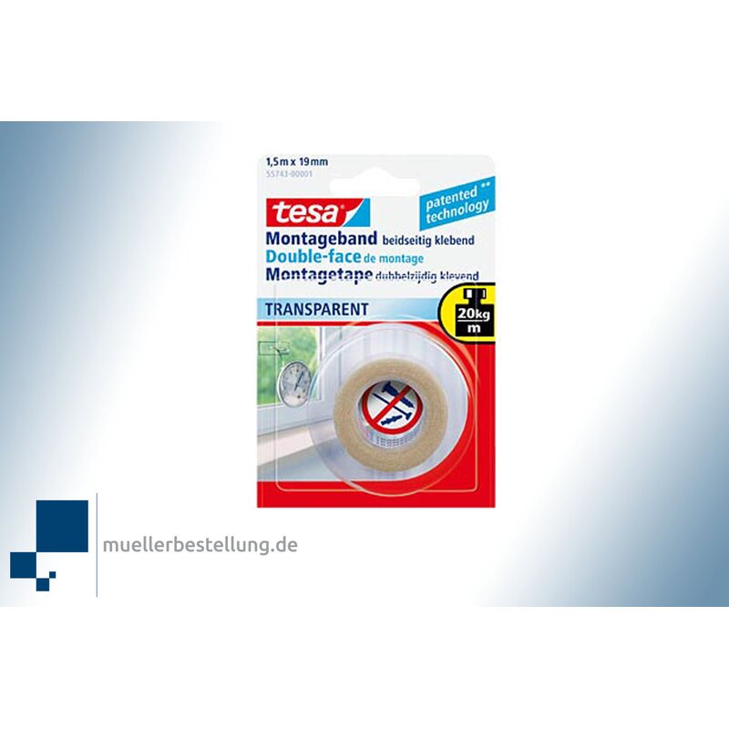 tesa Powerbond 55743 Mounting tape transparent, 19 mm, 1.5 m