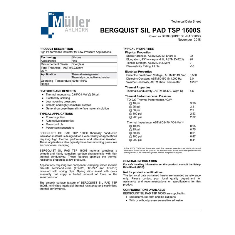 SP900S-0.009-AC-58 Bergquist SIL PAD TSP 1600S - Wärmeleitpad - 19,05 x 12,70 mm